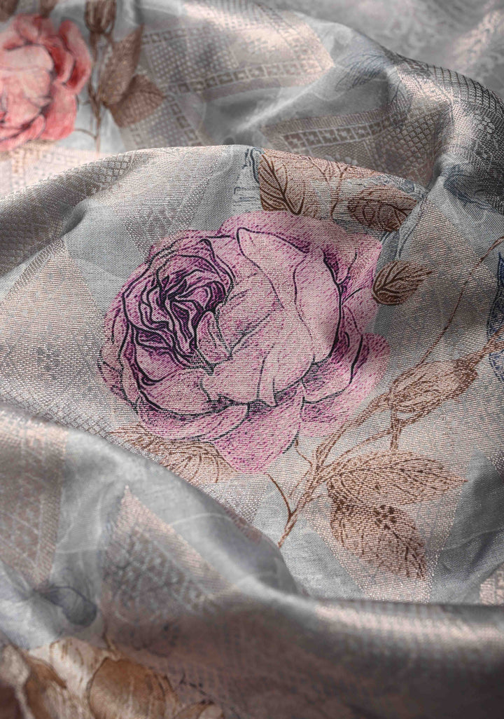 Clody Gray Floral Digital Print on Banarasi Semi Silk Saree with Muted Zari Chevron Design and Wide Zari Border | SHOBITAM