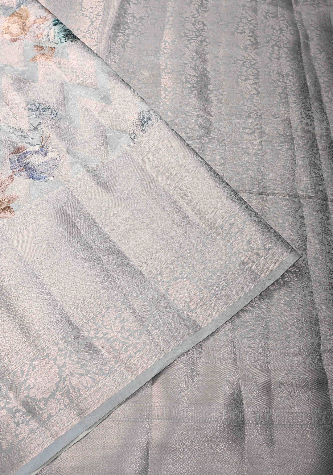 Clody Gray Floral Digital Print on Banarasi Semi Silk Saree with Muted Zari Chevron Design and Wide Zari Border | SHOBITAM