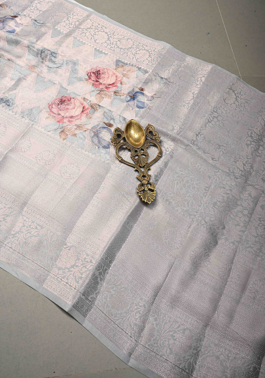Clody Gray Floral Digital Print on Banarasi Semi Silk Saree with Muted Zari Chevron Design and Wide Zari Border | SHOBITAM