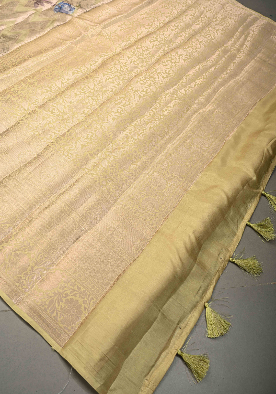 Tea Green Floral Digital Print on Banarasi Semi Silk Saree with Muted Zari Chevron Design and Wide Zari Border | SHOBITAM