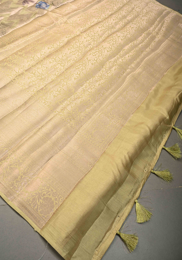 Tea Green Floral Digital Print on Banarasi Semi Silk Saree with Muted Zari Chevron Design and Wide Zari Border | SHOBITAM