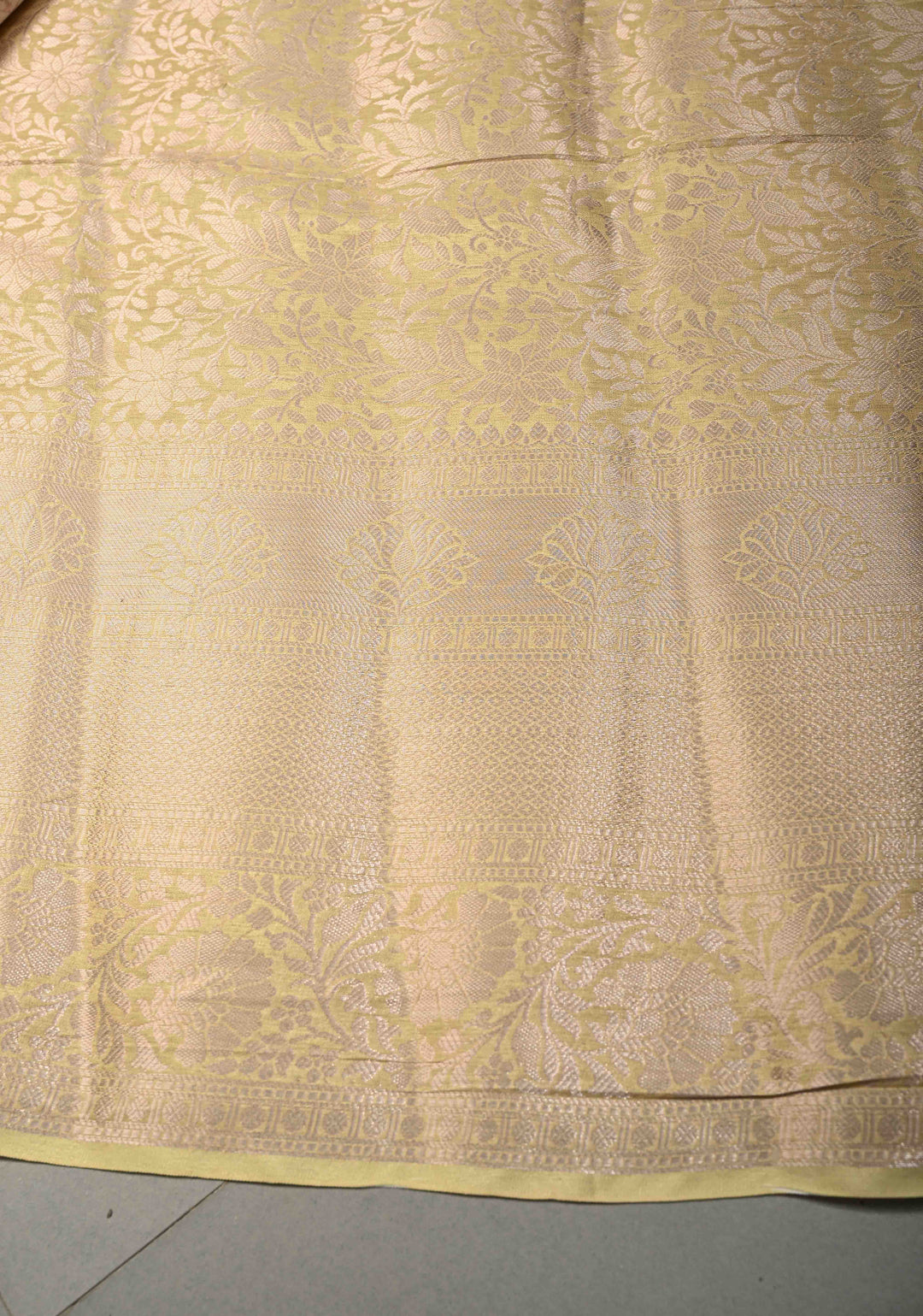 Tea Green Floral Digital Print on Banarasi Semi Silk Saree with Muted Zari Chevron Design and Wide Zari Border | SHOBITAM