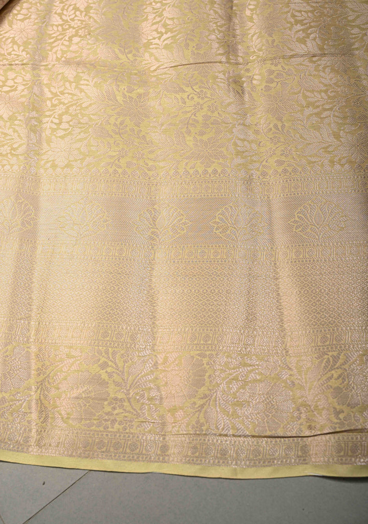 Tea Green Floral Digital Print on Banarasi Semi Silk Saree with Muted Zari Chevron Design and Wide Zari Border | SHOBITAM