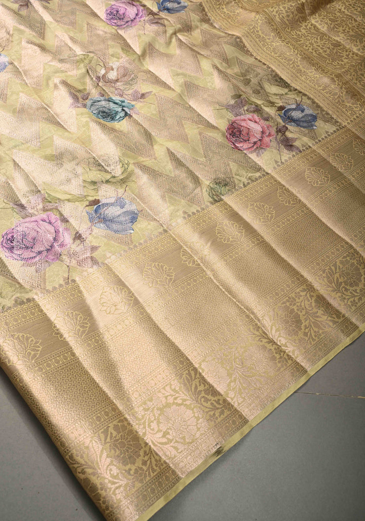Tea Green Floral Digital Print on Banarasi Semi Silk Saree with Muted Zari Chevron Design and Wide Zari Border | SHOBITAM