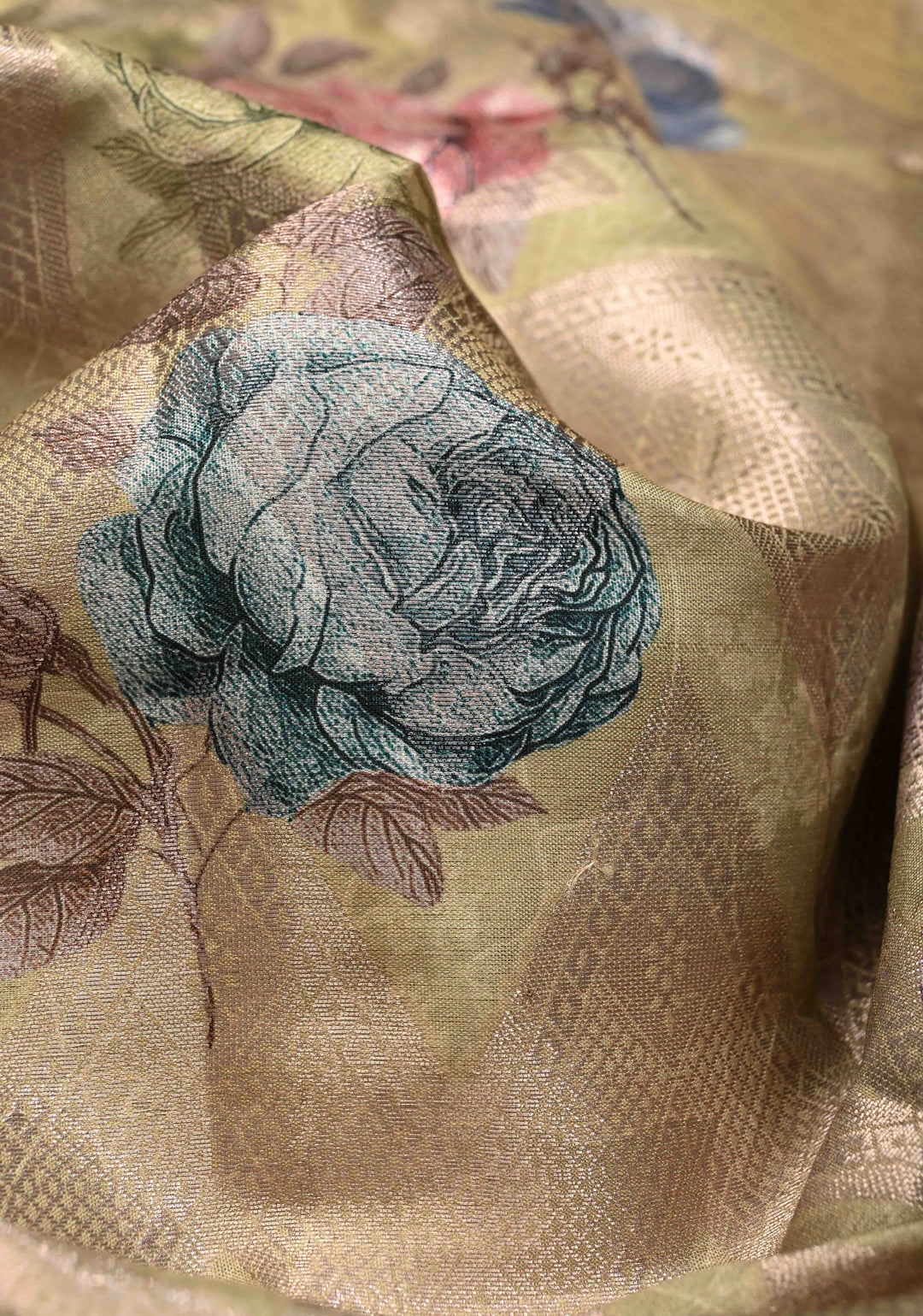 Tea Green Floral Digital Print on Banarasi Semi Silk Saree with Muted Zari Chevron Design and Wide Zari Border | SHOBITAM
