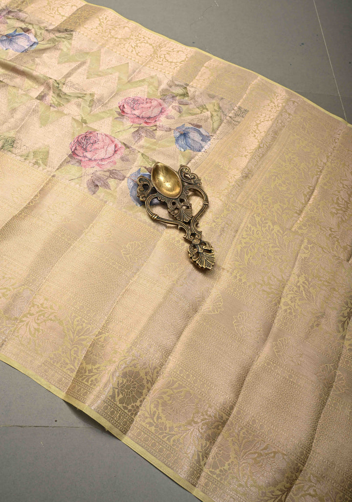 Tea Green Floral Digital Print on Banarasi Semi Silk Saree with Muted Zari Chevron Design and Wide Zari Border | SHOBITAM
