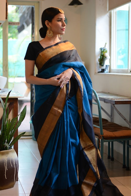 Blue Night Sky - Handwoven Cerulean Uppada Silk | SILK MARK CERTIFIED | SHOBITAM