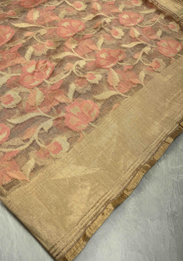 Gold Net Tissue Handloom Silk Saree with Meenakari Floral Jaal Weave | SILK MARK CERTIFIED