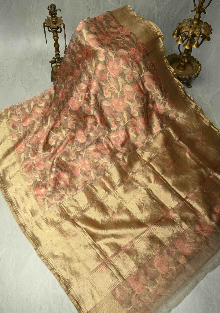 Gold Net Tissue Handloom Silk Saree with Meenakari Floral Jaal Weave | SILK MARK CERTIFIED