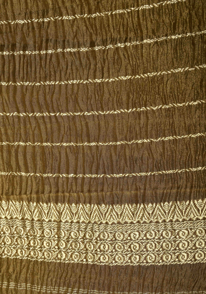 Greenish Brown Banarasi crushed tissue Saree with Meenakari Floral Thread Buttas and Zari Border