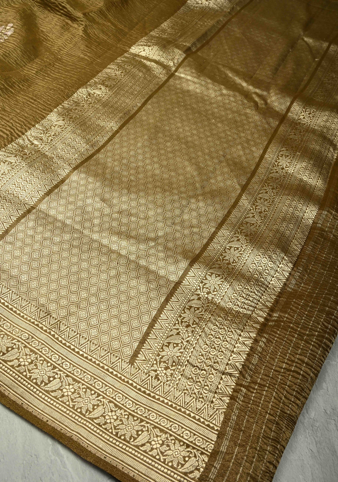 Greenish Brown Banarasi crushed tissue Saree with Meenakari Floral Thread Buttas and Zari Border