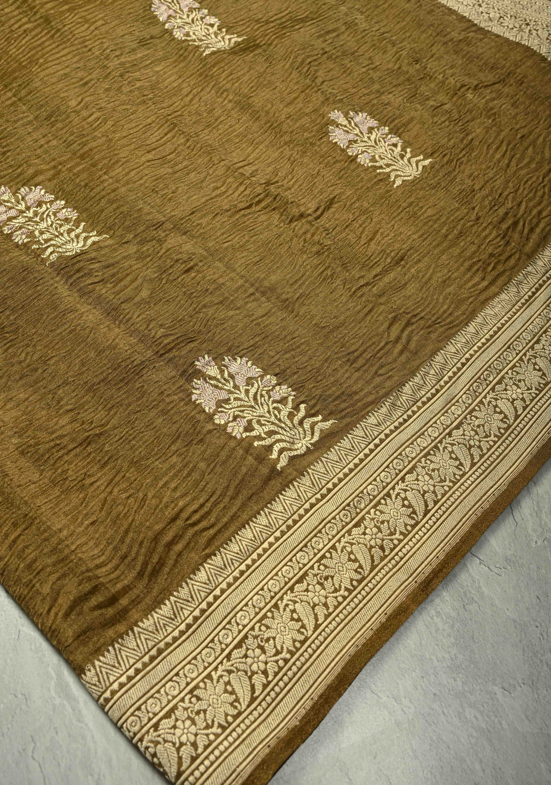 Greenish Brown Banarasi crushed tissue Saree with Meenakari Floral Thread Buttas and Zari Border