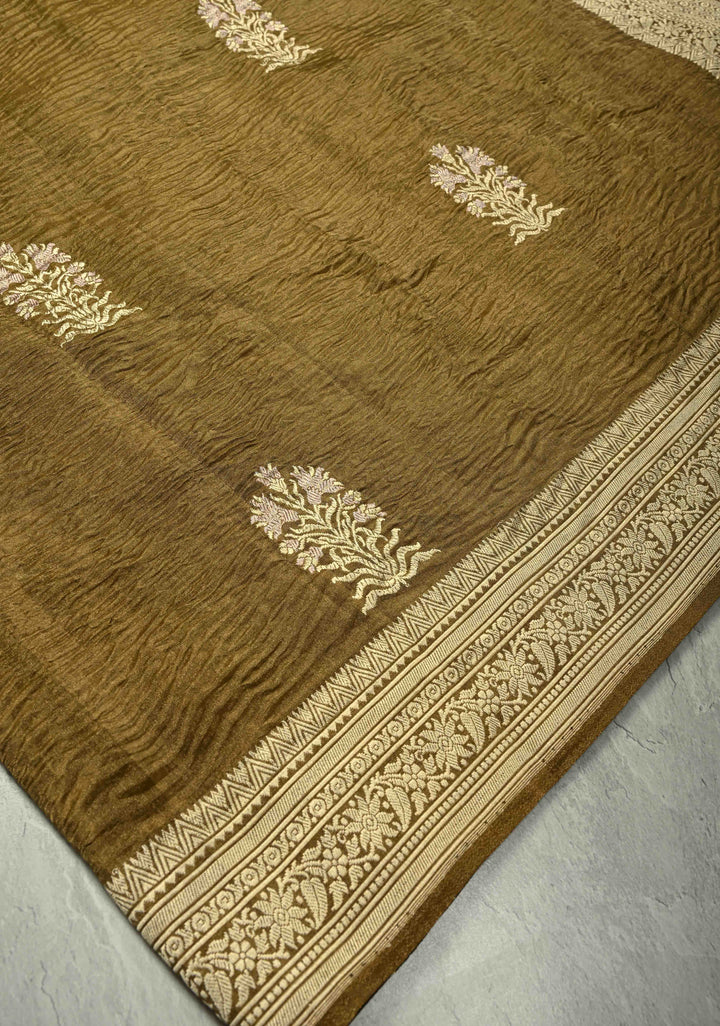 Greenish Brown Banarasi crushed tissue Saree with Meenakari Floral Thread Buttas and Zari Border