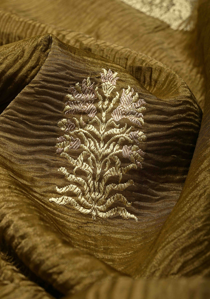 Greenish Brown Banarasi crushed tissue Saree with Meenakari Floral Thread Buttas and Zari Border