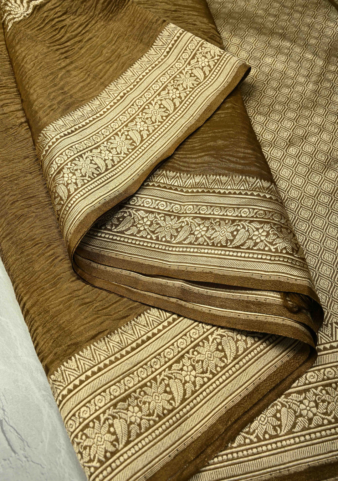 Greenish Brown Banarasi crushed tissue Saree with Meenakari Floral Thread Buttas and Zari Border