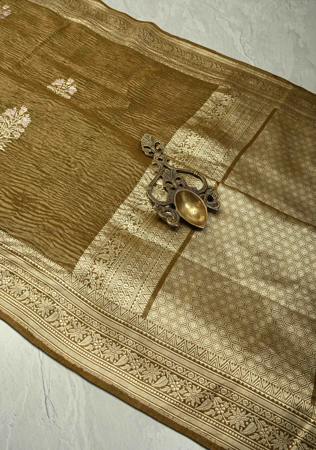 Greenish Brown Banarasi crushed tissue Saree with Meenakari Floral Thread Buttas and Zari Border
