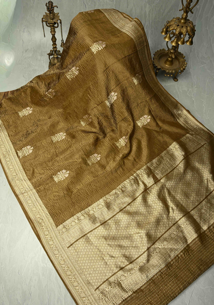 Greenish Brown Banarasi crushed tissue Saree with Meenakari Floral Thread Buttas and Zari Border