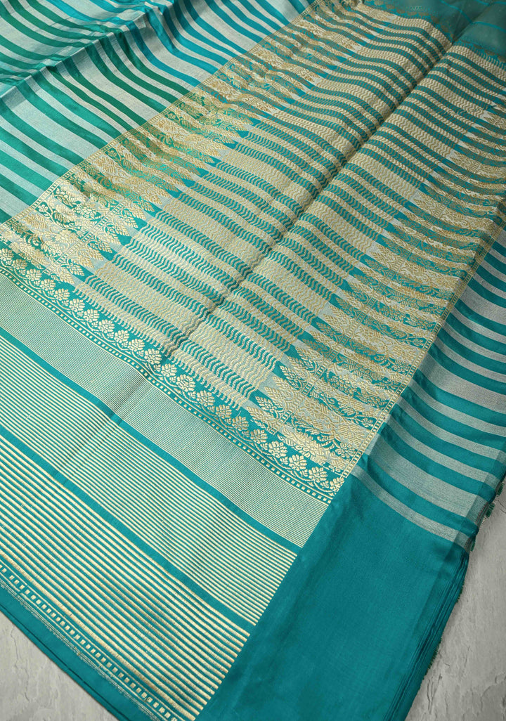 Banarasi Katan Tissue Silk Saree with Blue Green Stripes and Contrast Zari Border | SILK MARK CERTIFIED