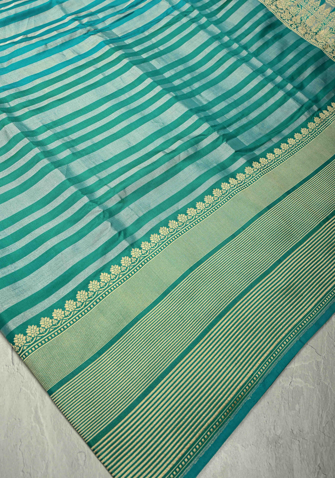 Banarasi Katan Tissue Silk Saree with Blue Green Stripes and Contrast Zari Border | SILK MARK CERTIFIED