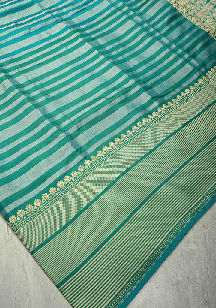 Banarasi Katan Tissue Silk Saree with Blue Green Stripes and Contrast Zari Border | SILK MARK CERTIFIED