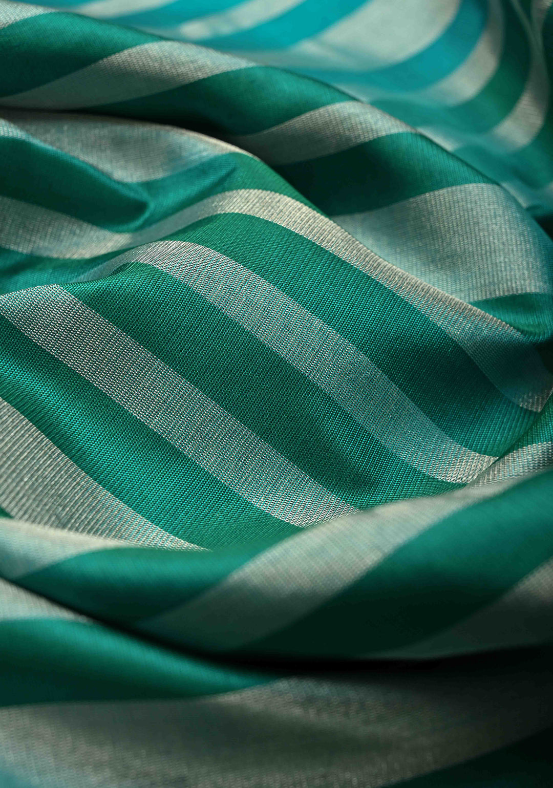 Banarasi Katan Tissue Silk Saree with Blue Green Stripes and Contrast Zari Border | SILK MARK CERTIFIED