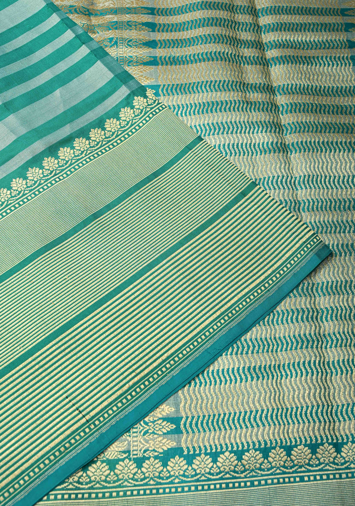 Banarasi Katan Tissue Silk Saree with Blue Green Stripes and Contrast Zari Border | SILK MARK CERTIFIED