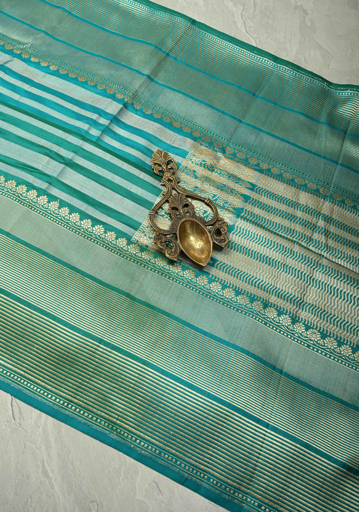 Banarasi Katan Tissue Silk Saree with Blue Green Stripes and Contrast Zari Border | SILK MARK CERTIFIED