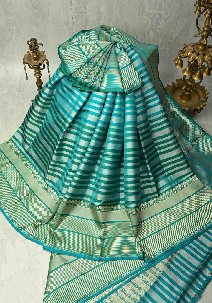 Banarasi Katan Tissue Silk Saree with Blue Green Stripes and Contrast Zari Border | SILK MARK CERTIFIED