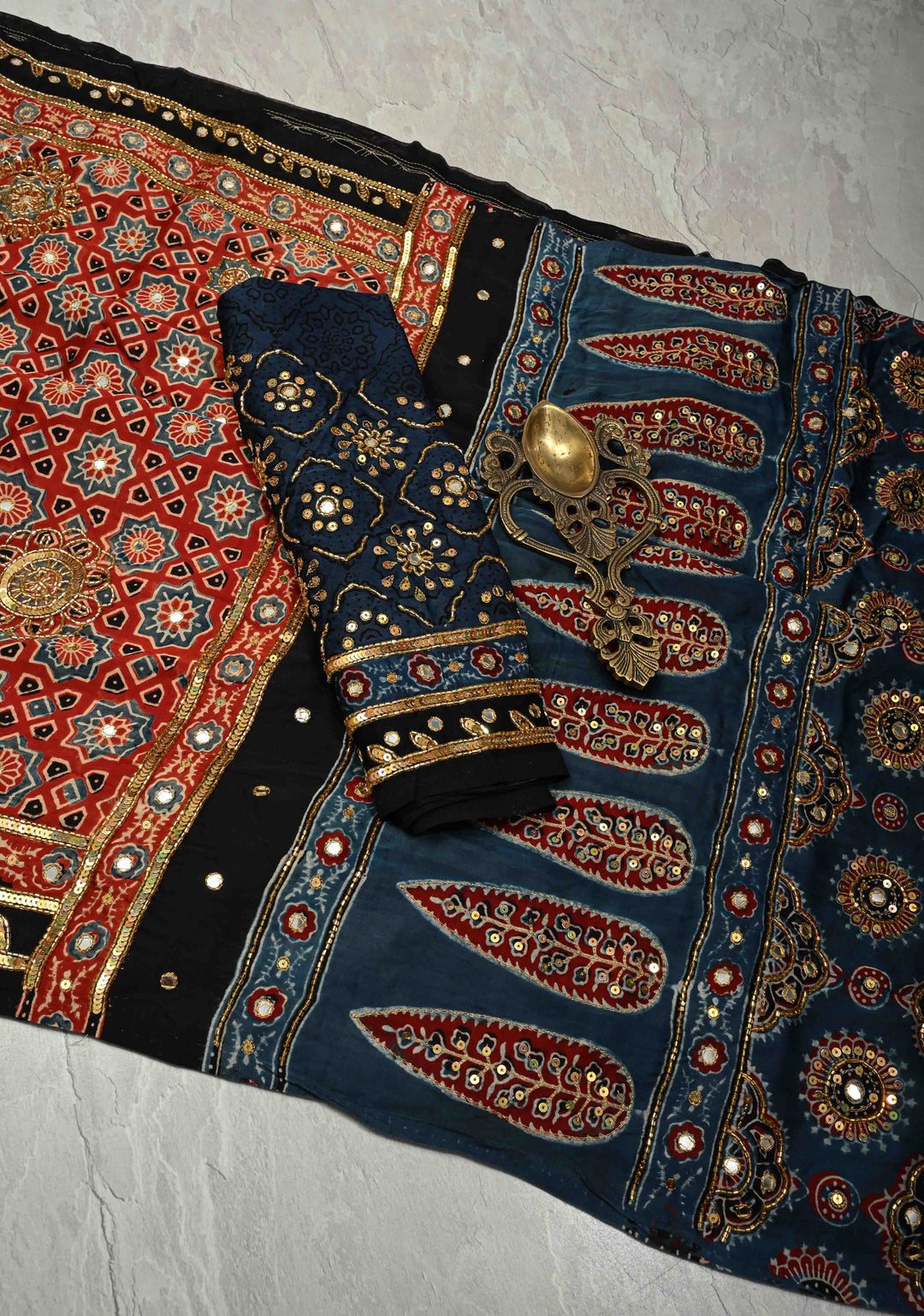 Full Handwork on Authentic Ajrakh Handblock Print on Modal Silk Saree in red | SHOBITAM