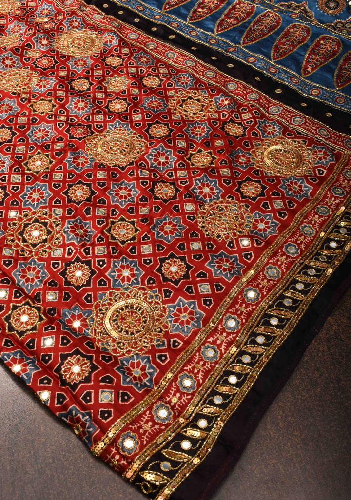 Full Handwork on Authentic Ajrakh on Modal Silk Saree in red