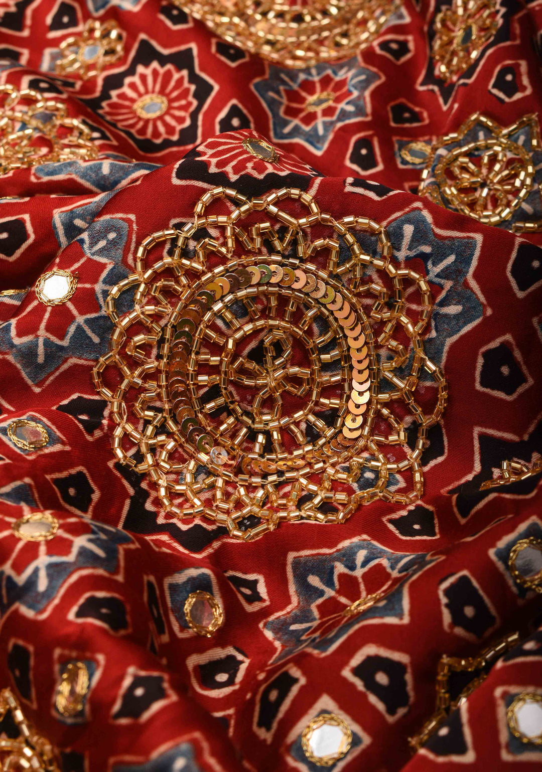Handwork Highlights on Red Modal Ajrakh Hand Block Print Silk Saree