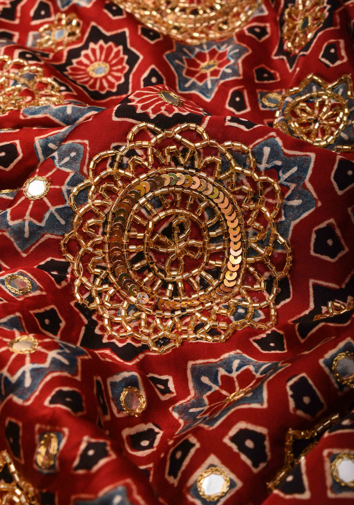 Handwork Highlights on Red Modal Ajrakh Hand Block Print Silk Saree