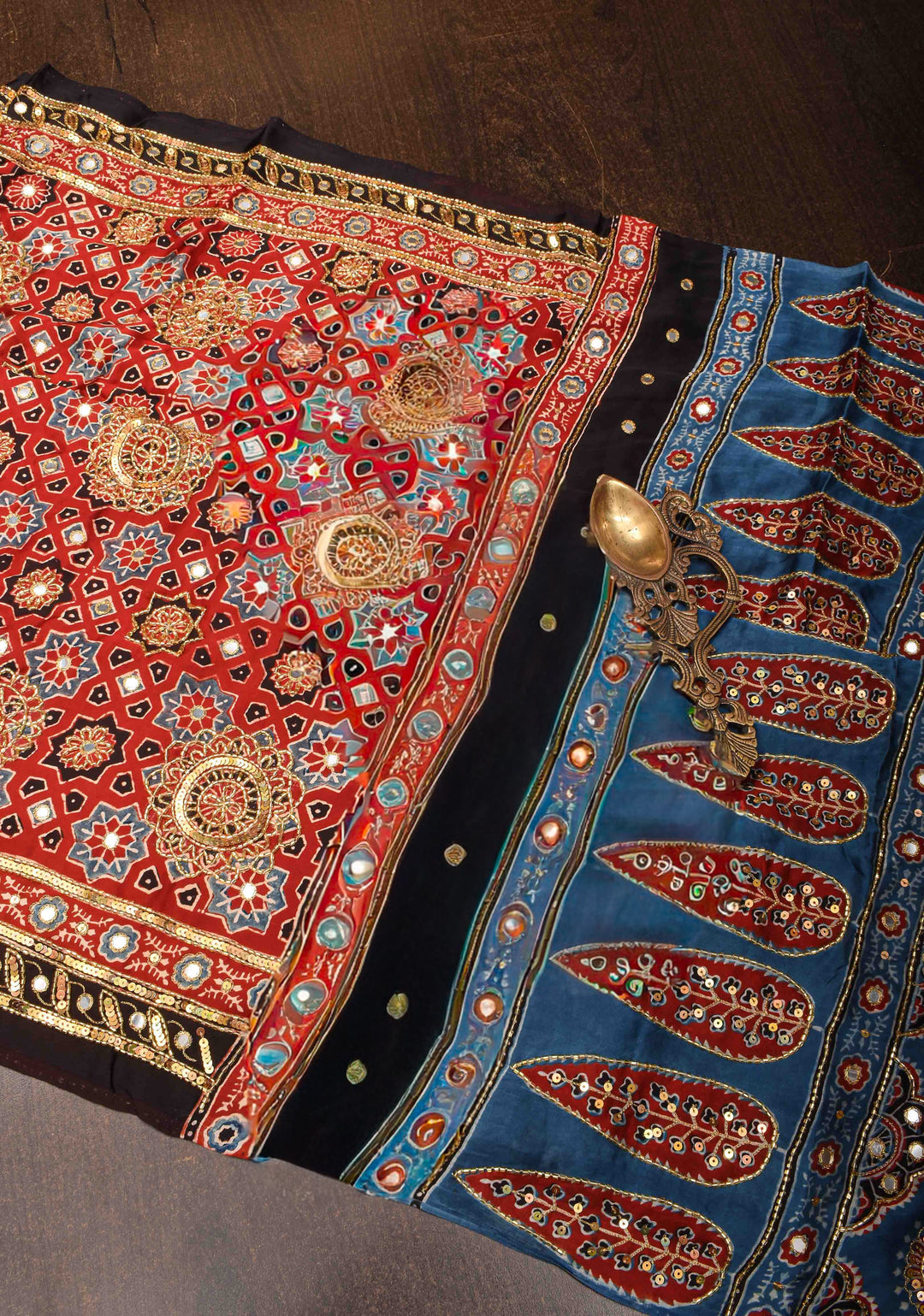 Full Handwork on Authentic Ajrakh on Modal Silk Saree in red