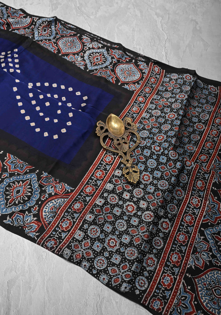 Modal Silk Saree with Sarkam Bandhej Ajrakh Fusion Saree in Berry Blue