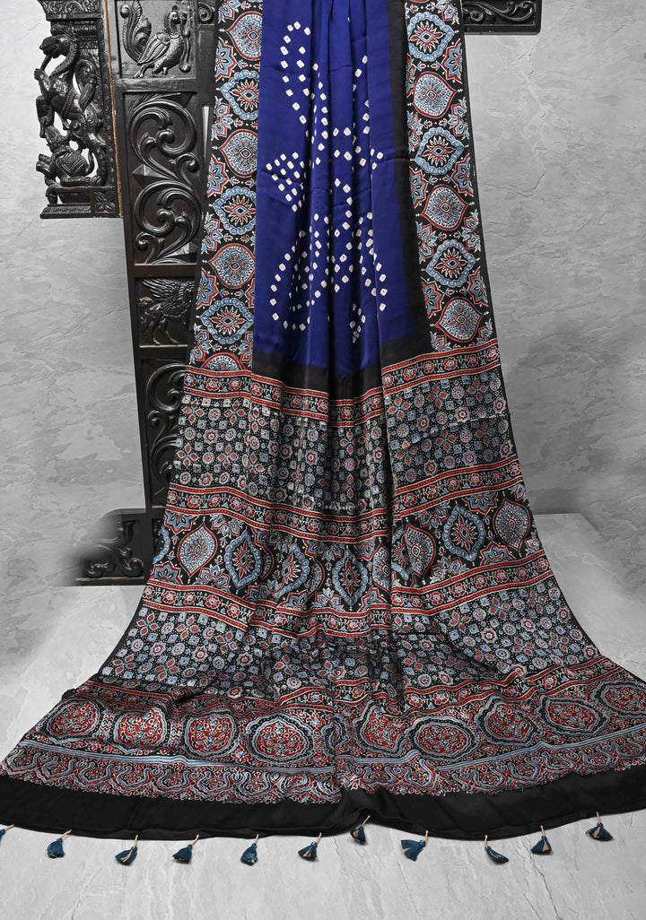 Modal Silk Saree with Sarkam Bandhej Ajrakh Fusion Saree in Berry Blue