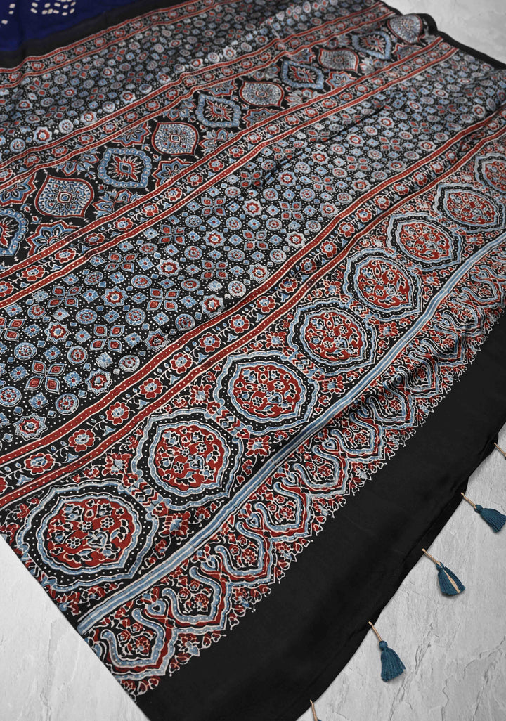 Modal Silk Saree with Sarkam Bandhej Ajrakh Fusion Saree in Berry Blue