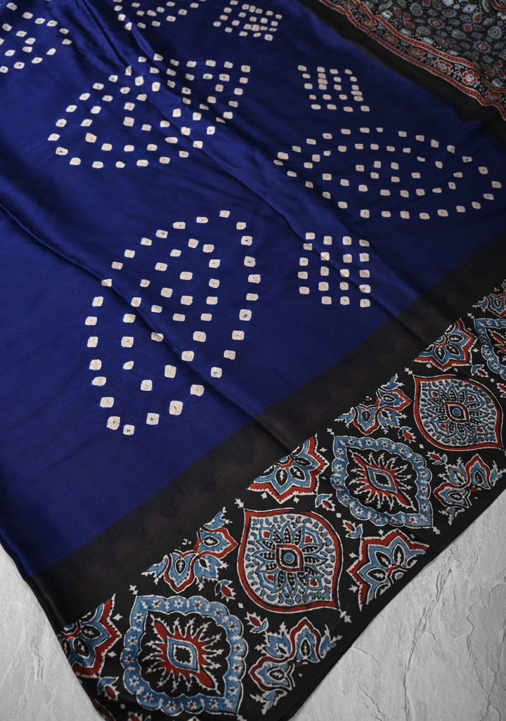 Modal Silk Saree with Sarkam Bandhej Ajrakh Fusion Saree in Berry Blue