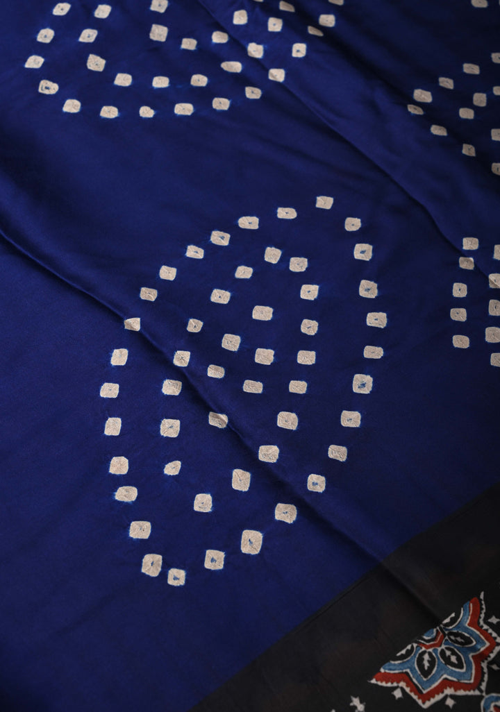 Modal Silk Saree with Sarkam Bandhej Ajrakh Fusion Saree in Berry Blue