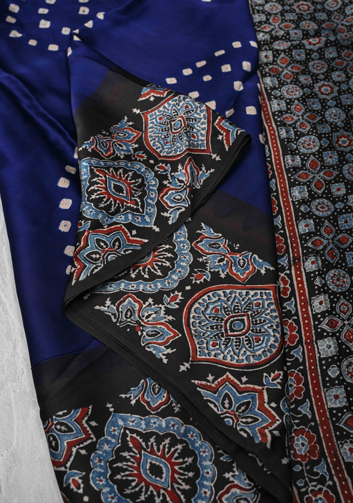 Modal Silk Saree with Sarkam Bandhej Ajrakh Fusion Saree in Berry Blue