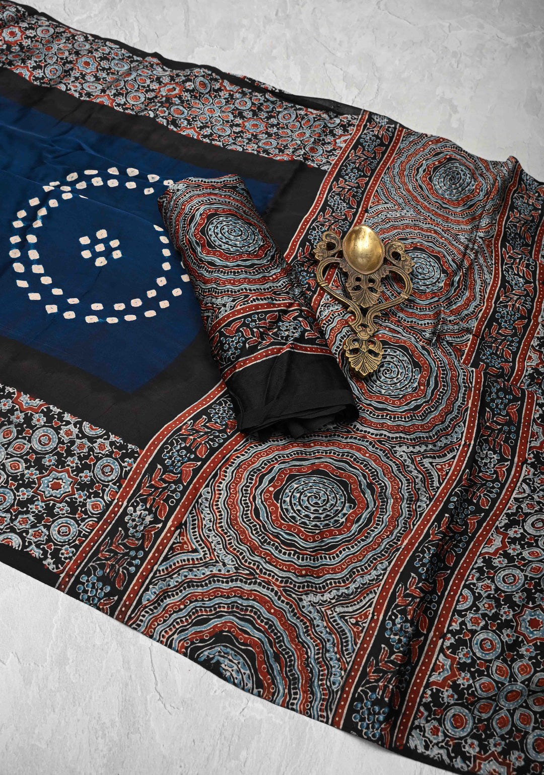 Dark Sapphire Modal Silk Ajrakh Fusion Saree with Sarkam Bandhej and Zardosi Work on Pallu