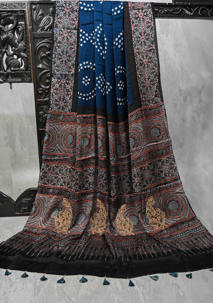 Dark Sapphire Modal Silk Ajrakh Fusion Saree with Sarkam Bandhej and Zardosi Work on Pallu
