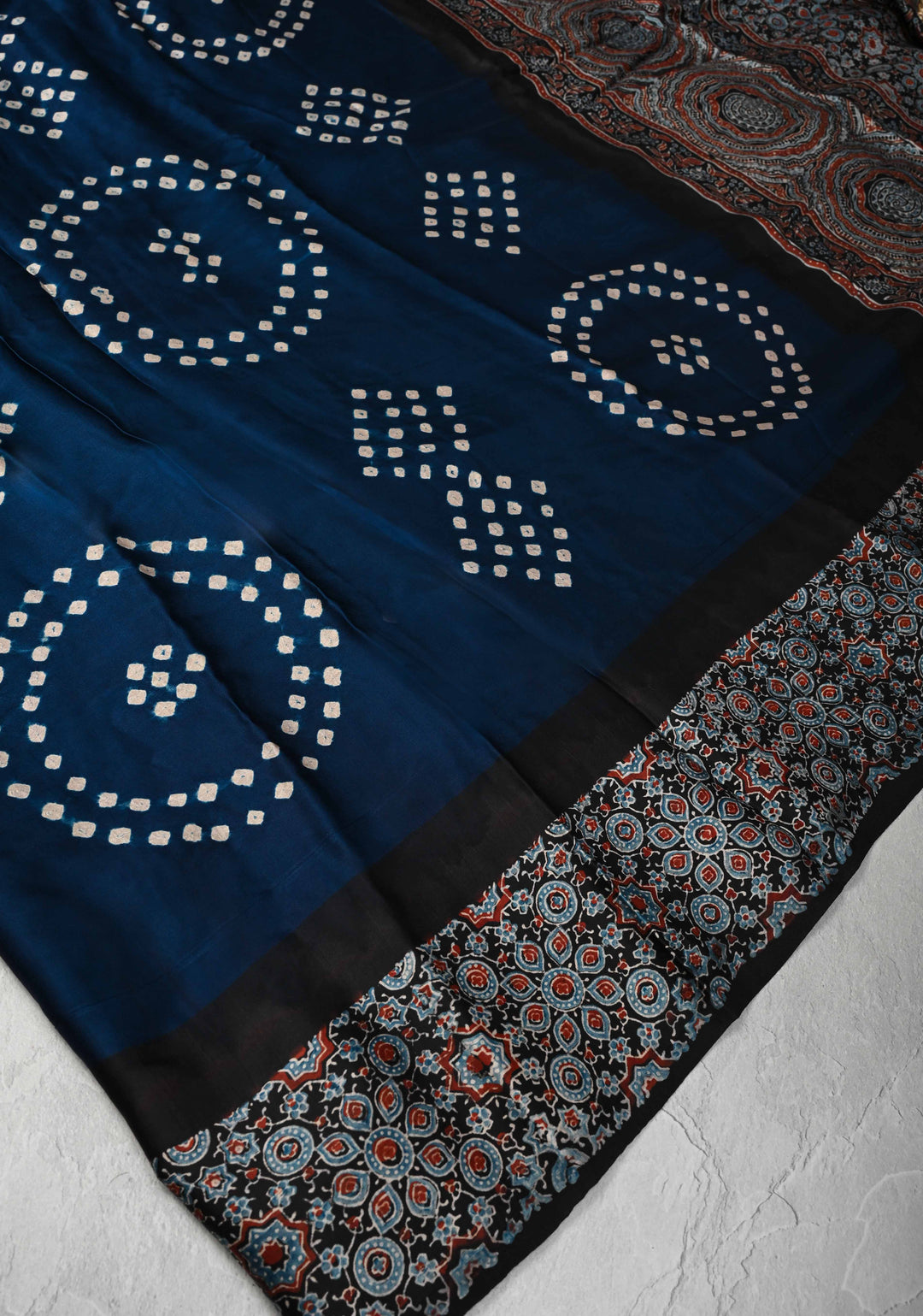 Dark Sapphire Modal Silk Ajrakh Fusion Saree with Sarkam Bandhej and Zardosi Work on Pallu
