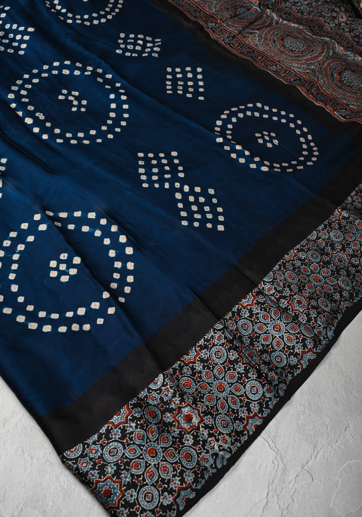 Dark Sapphire Modal Silk Ajrakh Fusion Saree with Sarkam Bandhej and Zardosi Work on Pallu