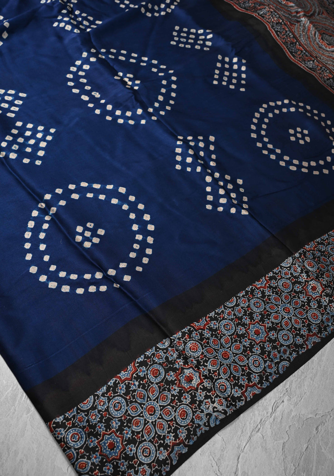 Dark Sapphire Modal Silk Ajrakh Fusion Saree with Sarkam Bandhej and Zardosi Work on Pallu