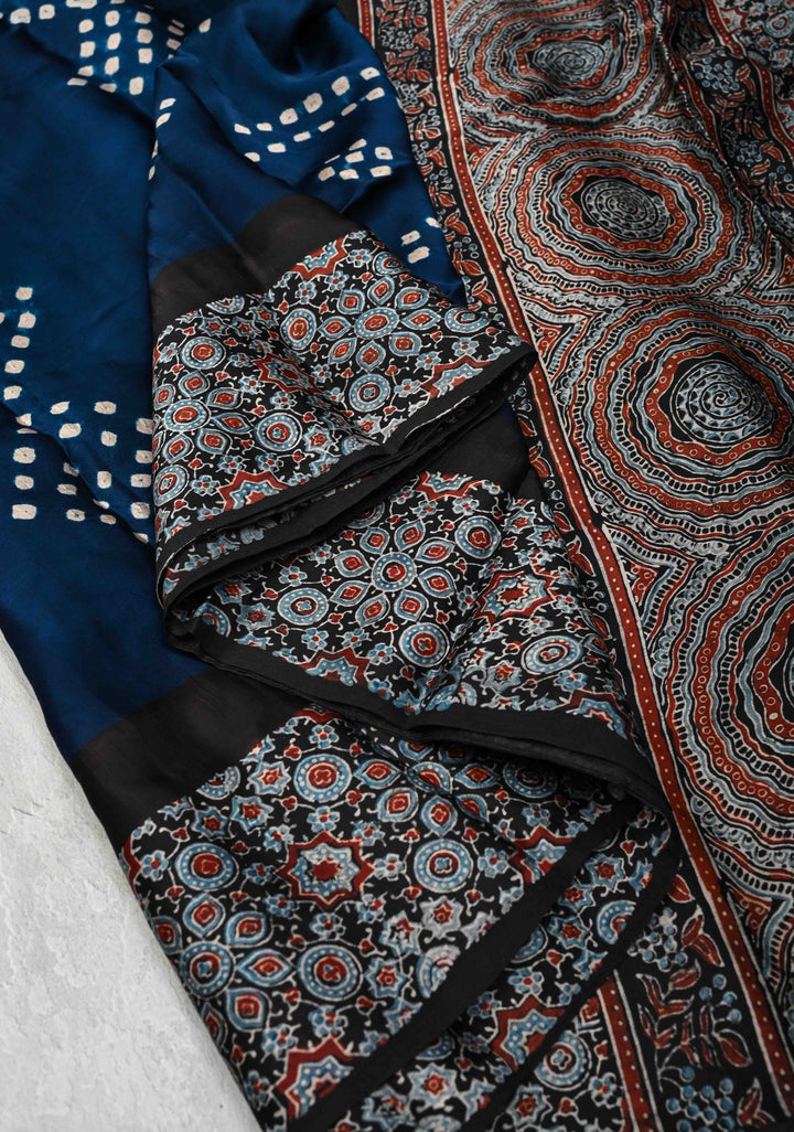 Dark Sapphire Modal Silk Ajrakh Fusion Saree with Sarkam Bandhej and Zardosi Work on Pallu