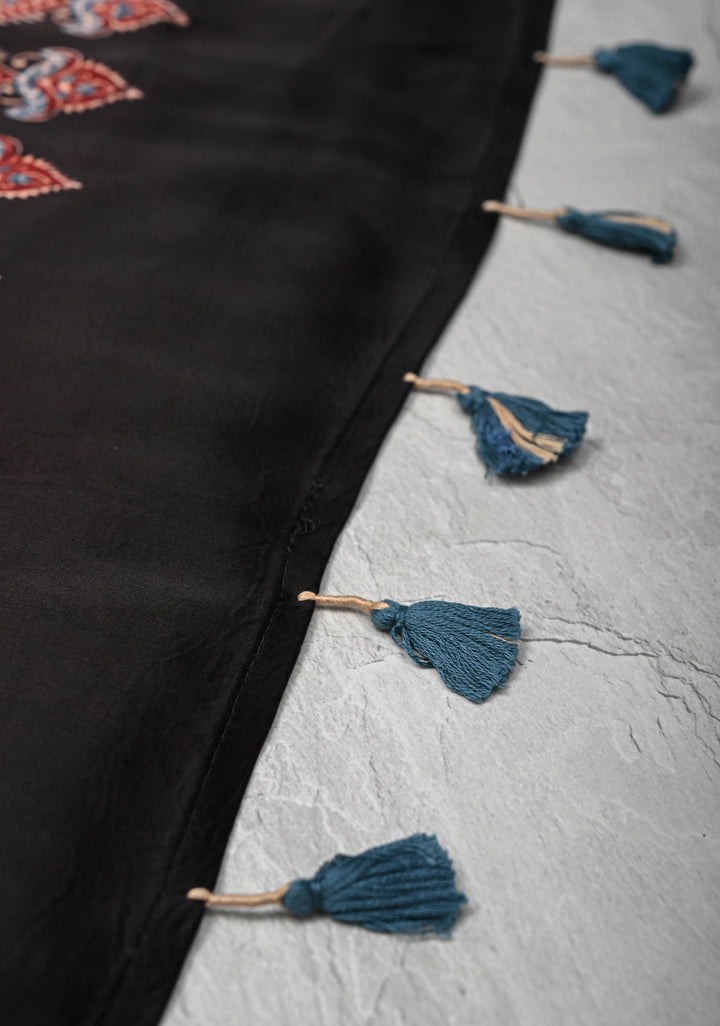 Modal Silk Saree with Bandhni Ajrakh Fusion in Dark Sapphire