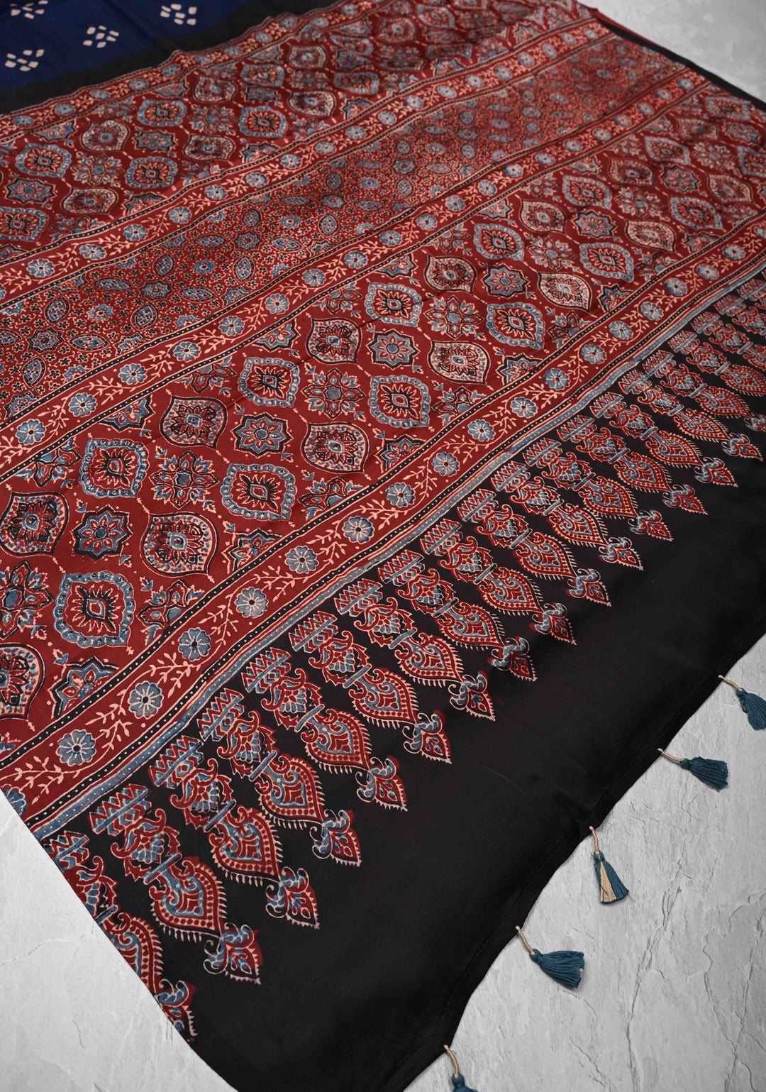 Modal Silk Saree with Bandhni Ajrakh Fusion in Dark Sapphire