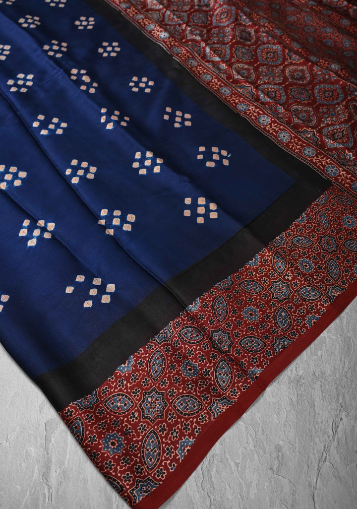 Modal Silk Saree with Bandhni Ajrakh Fusion in Dark Sapphire