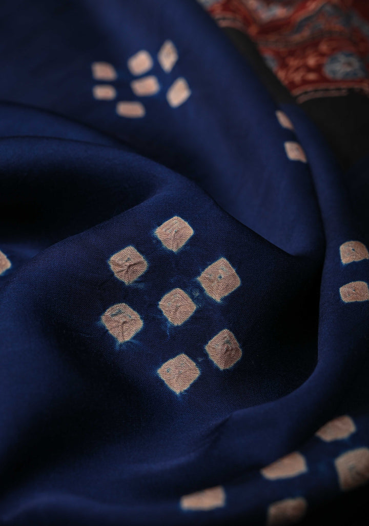 Modal Silk Saree with Bandhni Ajrakh Fusion in Dark Sapphire
