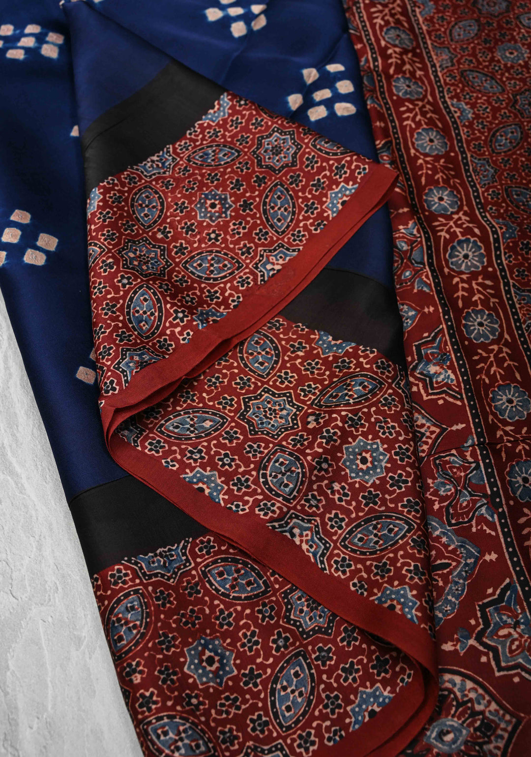 Modal Silk Saree with Bandhni Ajrakh Fusion in Dark Sapphire
